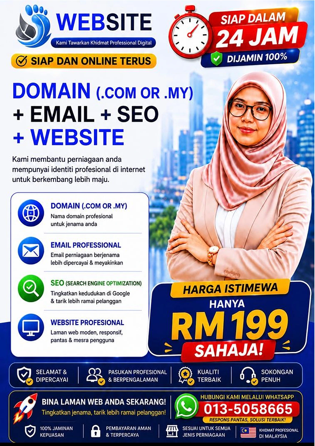 Website promotion ready in 24 hours with domain, hosting, SEO and WhatsApp integration for RM99